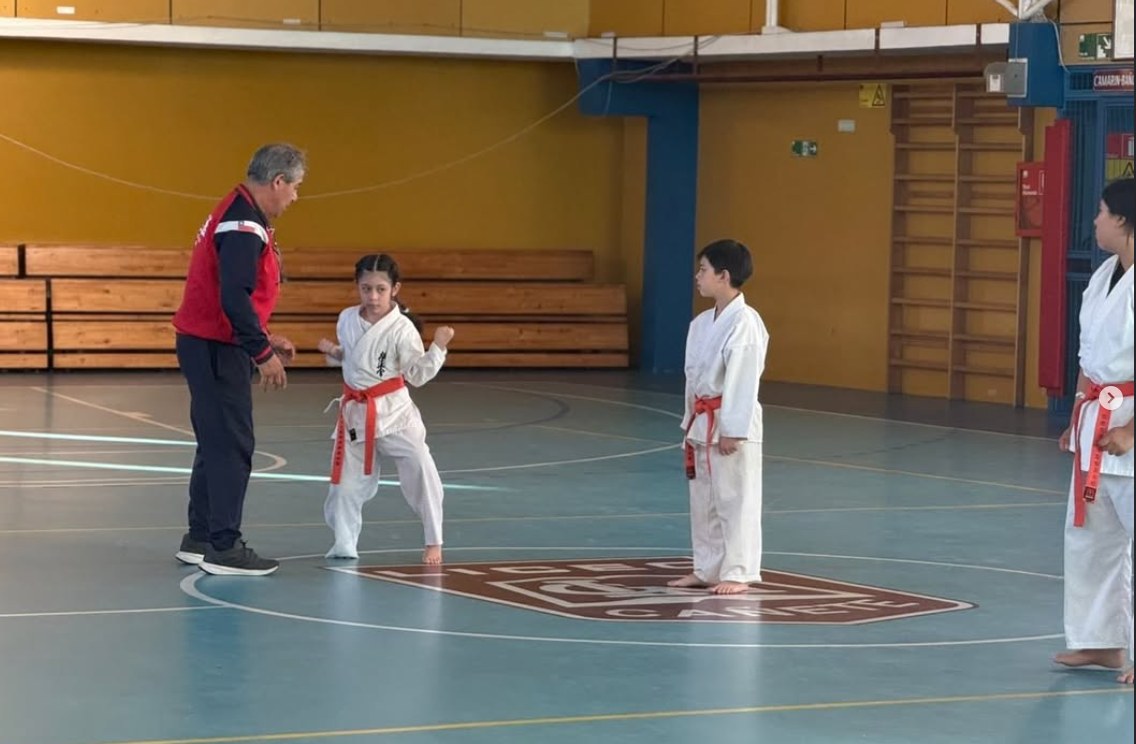 Instructor con niños entrenando en la cancha del Dojo Ichigeki Cañete